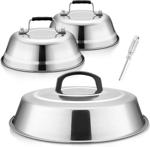 Cheese Melting Dome 12Inch & 9Inch, HaSteeL Stainless Steel Round Steaming Basting Cover Set, Heavy Duty Griddle Grill Accessories for Flat Top Griddle Teppanyaki BBQ Cooking Indoor & Outdoor - 3Packs